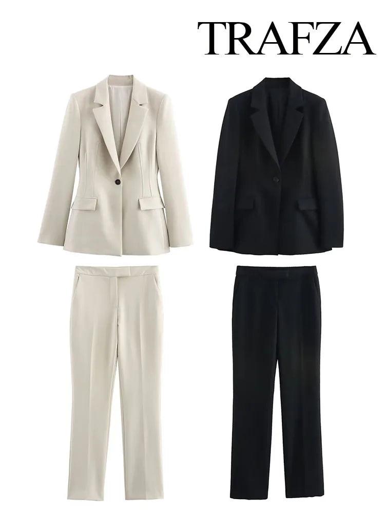 TRAFZA Women Blazer Suit Fashion Long Sleeves Lapel One Buckle Decorate Suit Jacket+Elegant Side Pocket Zipper Casual Trousers - MauBai