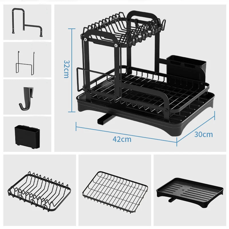 2 Tier Dish Bowl Drainer Storage Rack Kitchen Organizer with Drain Basket Countertop Dinnerware Organizer Drainboard