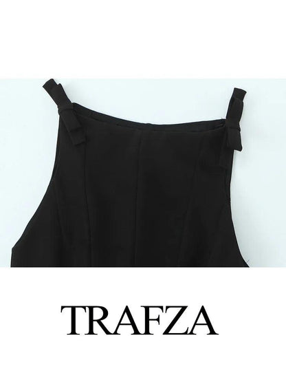 TRAFZA Women's New Fashion O-Neck Tops Solid Sleeveless Bow Decorate Zipper Female Summer Streetwear Style Sexy Top 2 Color - MauBai