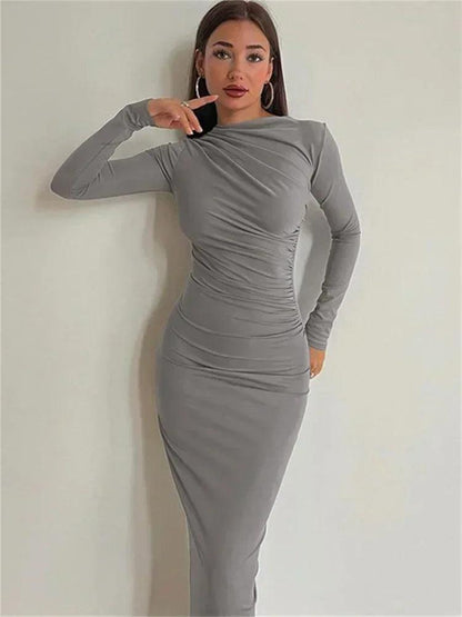 Tossy Pleated Long sleeved Slim Maxi Dress Women Solid Fashion Elegant Party Dress Gown Off-Shoulder High Waist Bodycon Dress - MauBai