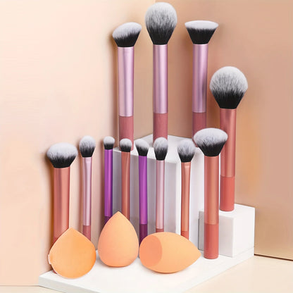 12-Piece Classic Full Makeup Brush Set with Angled and Teardrop Blenders, 1 Powder Puff - Professional Application Tools, Nylon