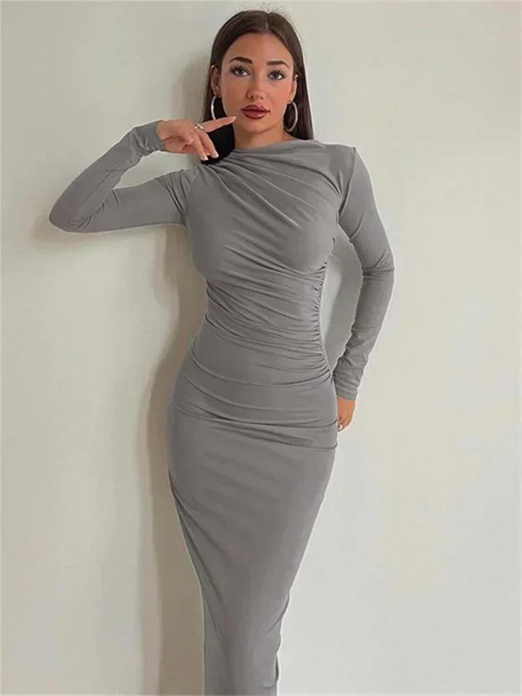 Tossy Fashion Pleated Autumn Dress Patchwork Elegant Women Long Sleeve Solid Vestidos Slim High Waist Bodycon Maxi Dress 2023 - MauBai